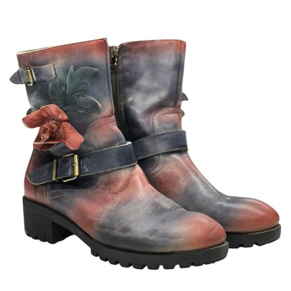 Socofy Ankle Boots Zip Up Size 42 EU 10 US Blue Red Leather Floral Accent - Picture 1 of 14